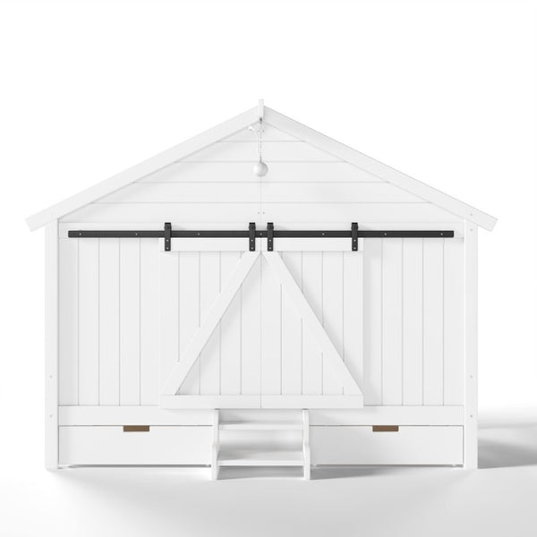 English Elm Twin Farmhouse House Bed with Barn Door Staircase Drawers and Built in Light W5316S00085