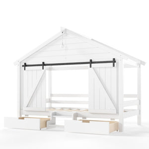 English Elm Twin Farmhouse House Bed with Barn Door Staircase Drawers and Built in Light W5316S00085