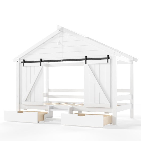 English Elm Twin Farmhouse House Bed with Barn Door Staircase Drawers and Built in Light W5316S00085
