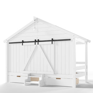 English Elm Twin Farmhouse House Bed with Barn Door Staircase Drawers and Built in Light W5316S00085