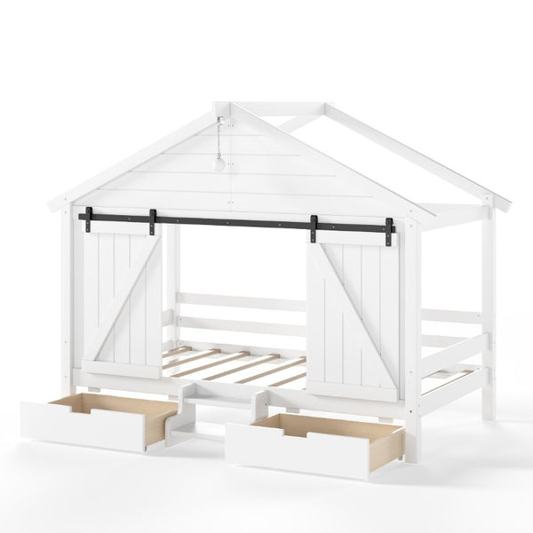 English Elm Twin Farmhouse House Bed with Barn Door Staircase Drawers and Built in Light W5316S00085