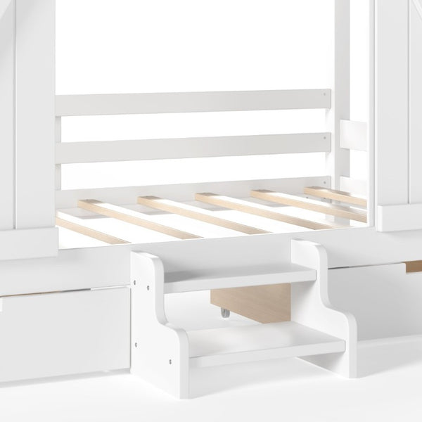 English Elm Twin Farmhouse House Bed with Barn Door Staircase Drawers and Built in Light W5316S00085