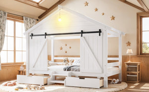 English Elm Twin Farmhouse House Bed with Barn Door Staircase Drawers and Built in Light W5316S00085