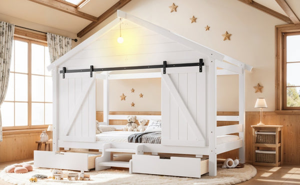 English Elm Twin Farmhouse House Bed with Barn Door Staircase Drawers and Built in Light W5316S00085