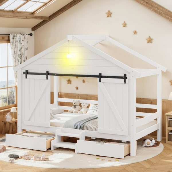 English Elm Twin Farmhouse House Bed with Barn Door Staircase Drawers and Built in Light W5316S00085