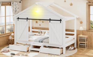 English Elm Twin Farmhouse House Bed with Barn Door Staircase Drawers and Built in Light W5316S00085