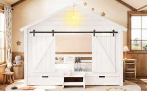 English Elm Twin Farmhouse House Bed with Barn Door Staircase Drawers and Built in Light W5316S00085