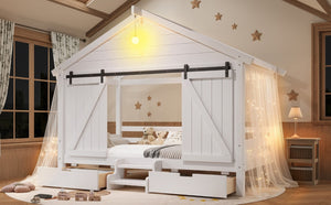 English Elm Twin Farmhouse House Bed with Barn Door Staircase Drawers and Built in Light W5316S00085