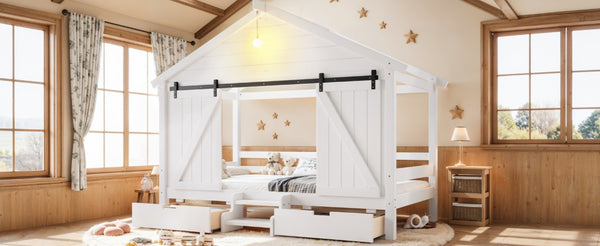 English Elm Twin Farmhouse House Bed with Barn Door Staircase Drawers and Built in Light W5316S00085