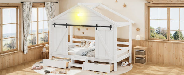 English Elm Twin Farmhouse House Bed with Barn Door Staircase Drawers and Built in Light W5316S00085