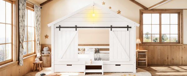 English Elm Twin Farmhouse House Bed with Barn Door Staircase Drawers and Built in Light W5316S00085