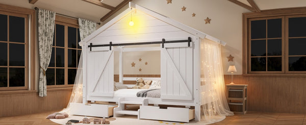 English Elm Twin Farmhouse House Bed with Barn Door Staircase Drawers and Built in Light W5316S00085