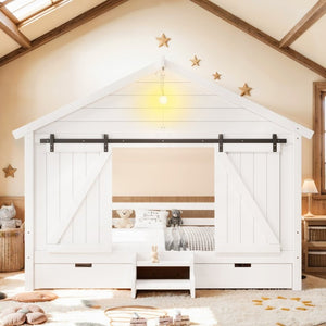 English Elm Twin Farmhouse House Bed with Barn Door Staircase Drawers and Built in Light W5316S00085