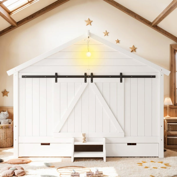 English Elm Twin Farmhouse House Bed with Barn Door Staircase Drawers and Built in Light W5316S00085