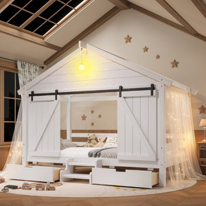 English Elm Twin Farmhouse House Bed with Barn Door Staircase Drawers and Built in Light W5316S00085