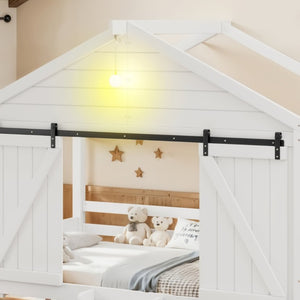 English Elm Twin Farmhouse House Bed with Barn Door Staircase Drawers and Built in Light W5316S00085