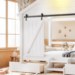English Elm Twin Farmhouse House Bed with Barn Door Staircase Drawers and Built in Light W5316S00085