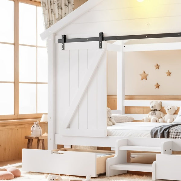 English Elm Twin Farmhouse House Bed with Barn Door Staircase Drawers and Built in Light W5316S00085