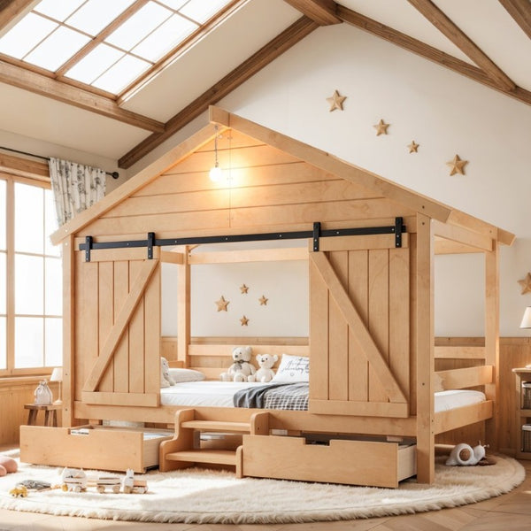 English Elm Twin Pine House Bed with Barn Door Staircase Drawers and Warm Light for Kids W5316S00086