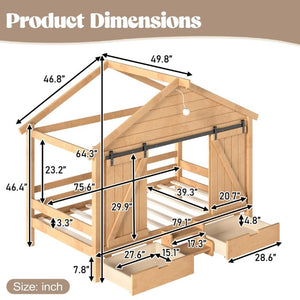 English Elm Twin Pine House Bed with Barn Door Staircase Drawers and Warm Light for Kids W5316S00086