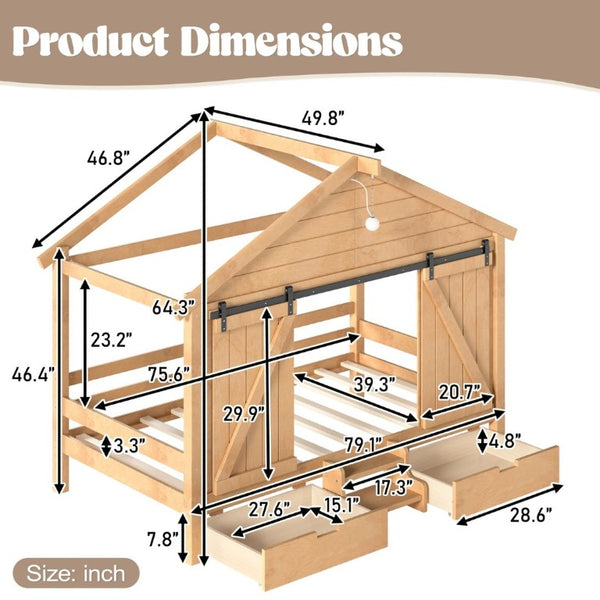 English Elm Twin Pine House Bed with Barn Door Staircase Drawers and Warm Light for Kids W5316S00086