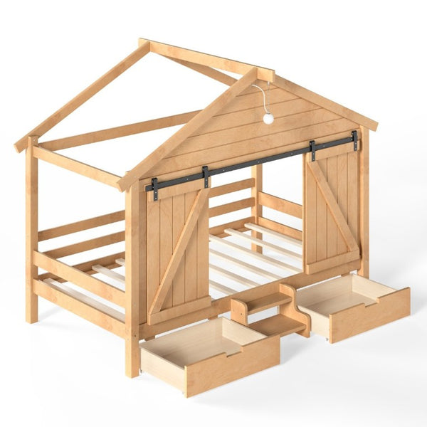 English Elm Twin Pine House Bed with Barn Door Staircase Drawers and Warm Light for Kids W5316S00086