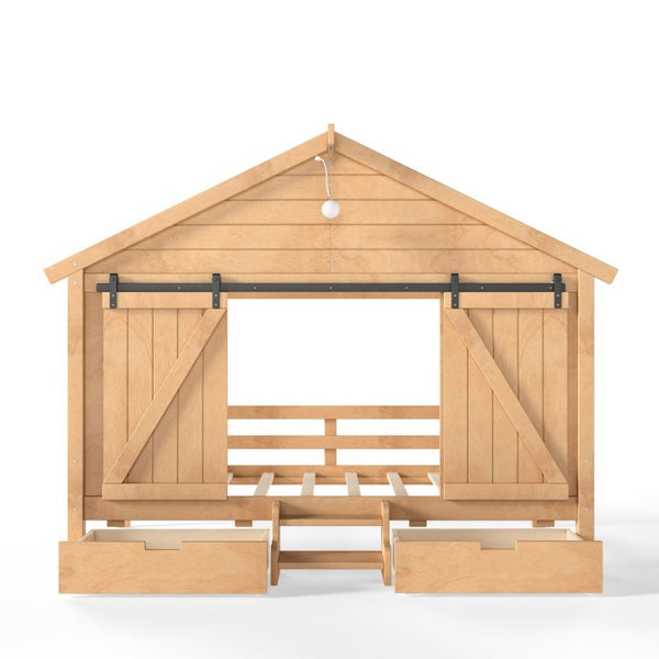 English Elm Twin Pine House Bed with Barn Door Staircase Drawers and Warm Light for Kids W5316S00086