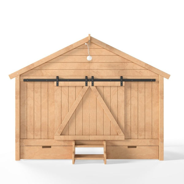 English Elm Twin Pine House Bed with Barn Door Staircase Drawers and Warm Light for Kids W5316S00086