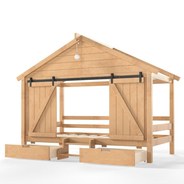 English Elm Twin Pine House Bed with Barn Door Staircase Drawers and Warm Light for Kids W5316S00086
