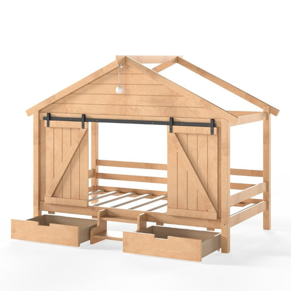 English Elm Twin Pine House Bed with Barn Door Staircase Drawers and Warm Light for Kids W5316S00086