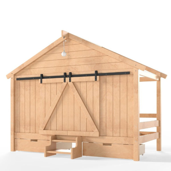 English Elm Twin Pine House Bed with Barn Door Staircase Drawers and Warm Light for Kids W5316S00086