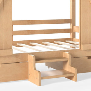 English Elm Twin Pine House Bed with Barn Door Staircase Drawers and Warm Light for Kids W5316S00086