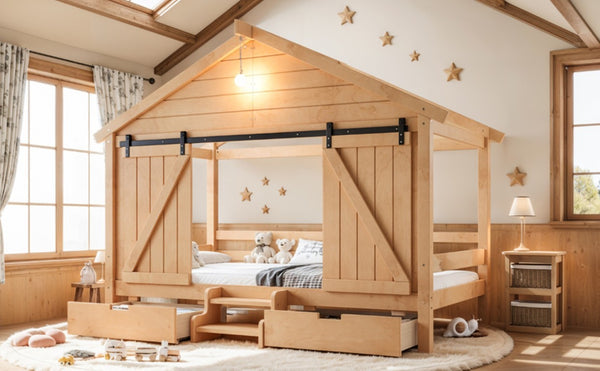English Elm Twin Pine House Bed with Barn Door Staircase Drawers and Warm Light for Kids W5316S00086