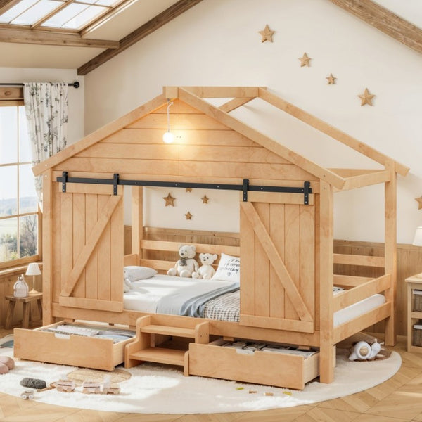English Elm Twin Pine House Bed with Barn Door Staircase Drawers and Warm Light for Kids W5316S00086