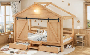 English Elm Twin Pine House Bed with Barn Door Staircase Drawers and Warm Light for Kids W5316S00086