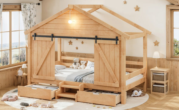 English Elm Twin Pine House Bed with Barn Door Staircase Drawers and Warm Light for Kids W5316S00086