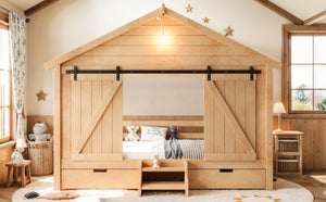 English Elm Twin Pine House Bed with Barn Door Staircase Drawers and Warm Light for Kids W5316S00086