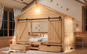 English Elm Twin Pine House Bed with Barn Door Staircase Drawers and Warm Light for Kids W5316S00086
