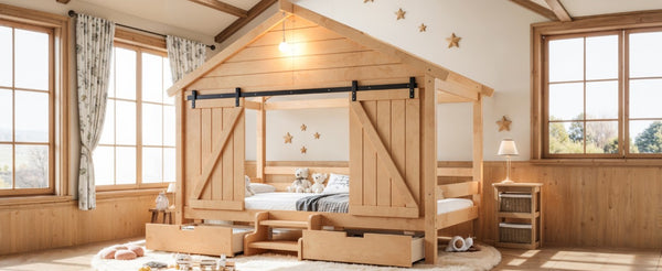 English Elm Twin Pine House Bed with Barn Door Staircase Drawers and Warm Light for Kids W5316S00086