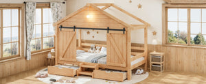 English Elm Twin Pine House Bed with Barn Door Staircase Drawers and Warm Light for Kids W5316S00086