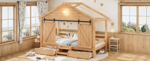 English Elm Twin Pine House Bed with Barn Door Staircase Drawers and Warm Light for Kids W5316S00086