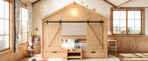 English Elm Twin Pine House Bed with Barn Door Staircase Drawers and Warm Light for Kids W5316S00086
