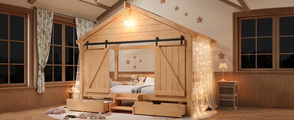 English Elm Twin Pine House Bed with Barn Door Staircase Drawers and Warm Light for Kids W5316S00086
