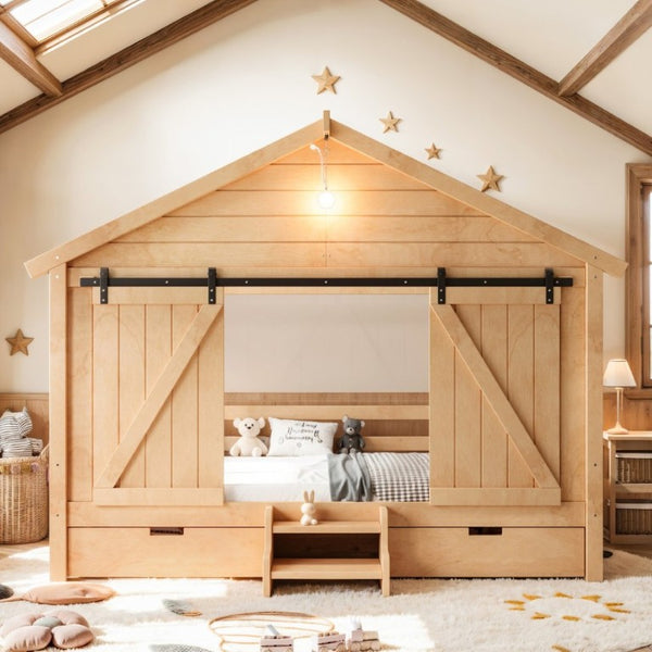 English Elm Twin Pine House Bed with Barn Door Staircase Drawers and Warm Light for Kids W5316S00086