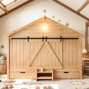 English Elm Twin Pine House Bed with Barn Door Staircase Drawers and Warm Light for Kids W5316S00086