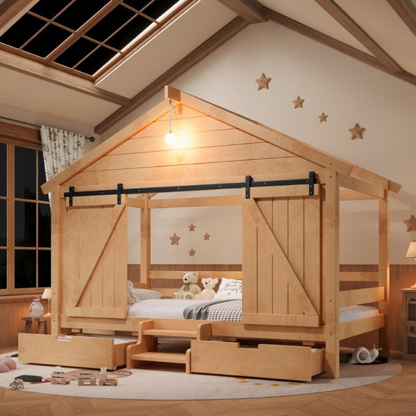 English Elm Twin Pine House Bed with Barn Door Staircase Drawers and Warm Light for Kids W5316S00086
