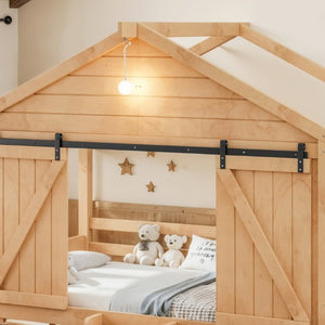 English Elm Twin Pine House Bed with Barn Door Staircase Drawers and Warm Light for Kids W5316S00086