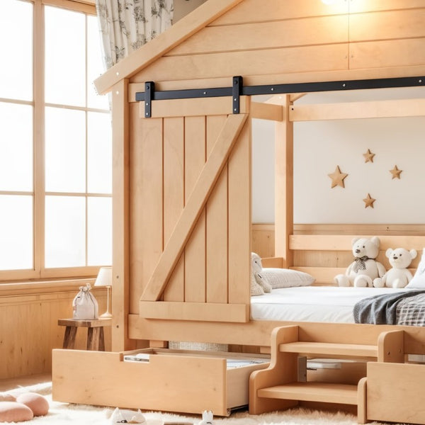 English Elm Twin Pine House Bed with Barn Door Staircase Drawers and Warm Light for Kids W5316S00086