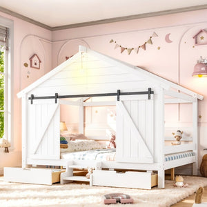 English Elm Full Size Kids Pine Wood House Bed with Barn Door Storage Drawers and Staircase White W5316S00087