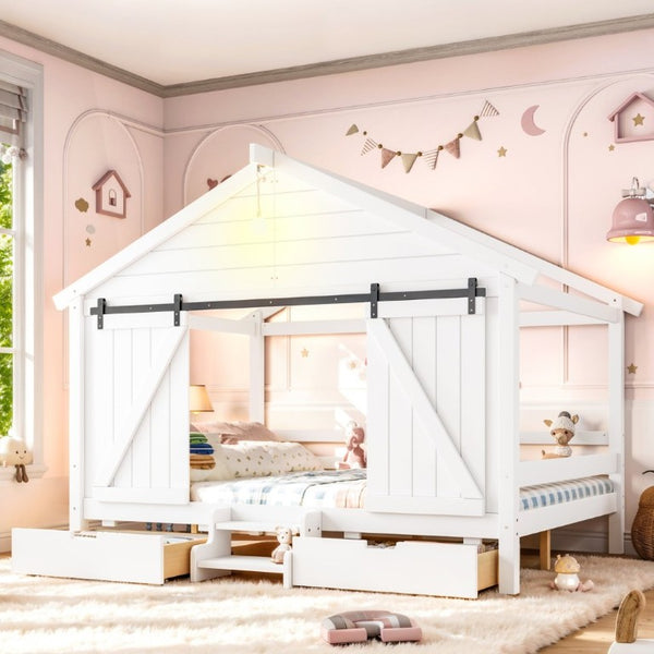 English Elm Full Size Kids Pine Wood House Bed with Barn Door Storage Drawers and Staircase White W5316S00087